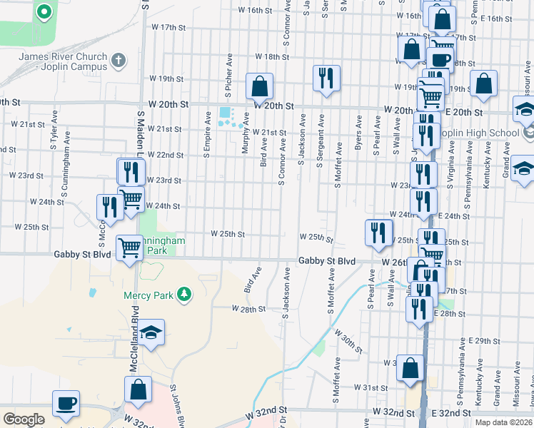 map of restaurants, bars, coffee shops, grocery stores, and more near 2401 Bird Avenue in Joplin