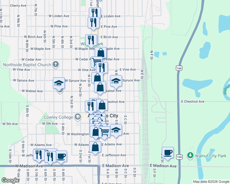 map of restaurants, bars, coffee shops, grocery stores, and more near 301 North B Street in Arkansas City