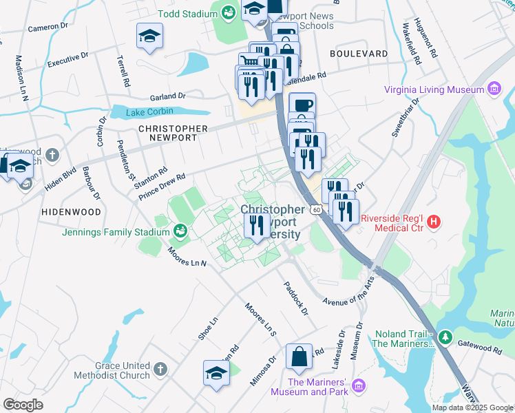 map of restaurants, bars, coffee shops, grocery stores, and more near 101-199 University Pl in Newport News