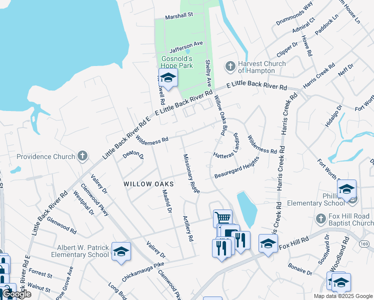 map of restaurants, bars, coffee shops, grocery stores, and more near 100 Five Forks Lane in Hampton