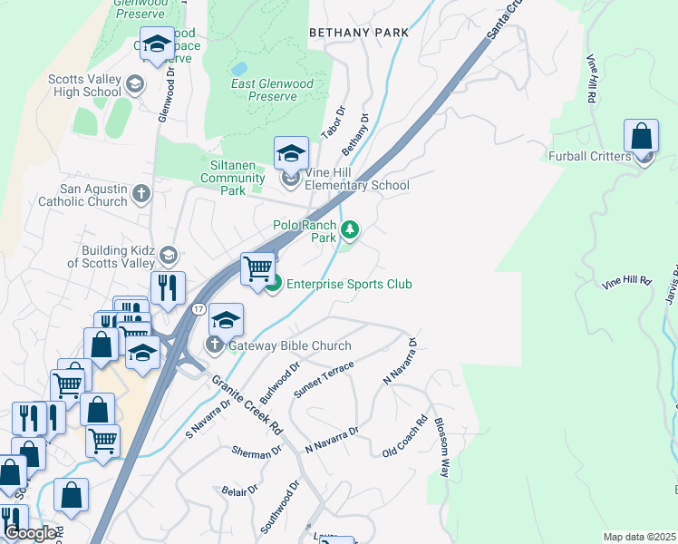 map of restaurants, bars, coffee shops, grocery stores, and more near 211 Creekside Court in Scotts Valley