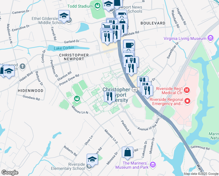 map of restaurants, bars, coffee shops, grocery stores, and more near 1 Avenue of the Arts in Newport News
