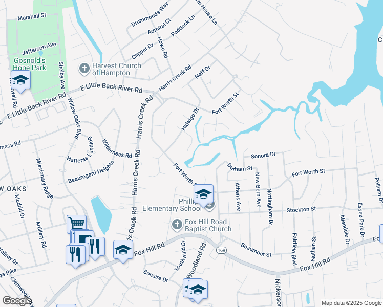 map of restaurants, bars, coffee shops, grocery stores, and more near 117 Alamo Court in Hampton