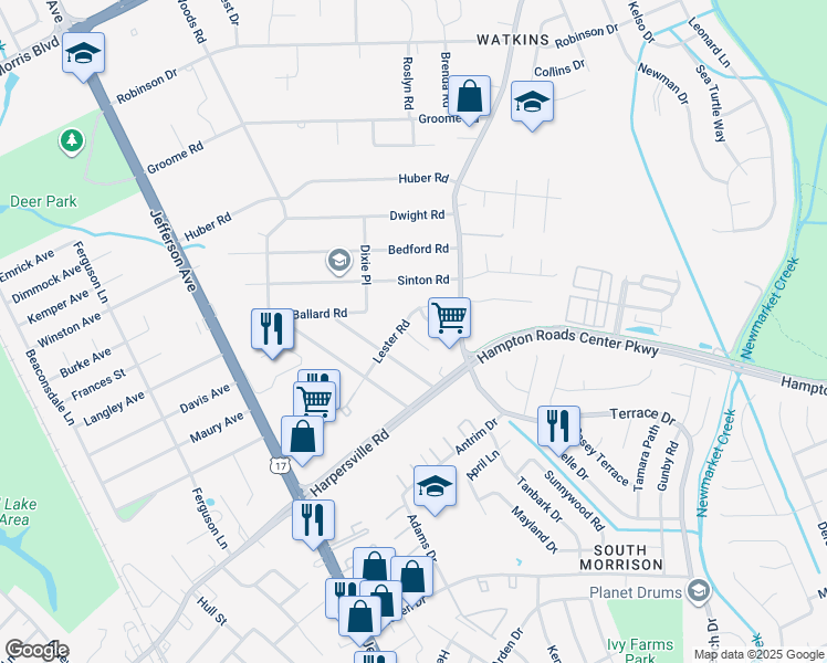 map of restaurants, bars, coffee shops, grocery stores, and more near 108 Lark Circle in Newport News