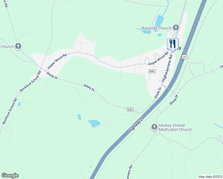 map of restaurants, bars, coffee shops, grocery stores, and more near 5220 Shula Drive in Hurt