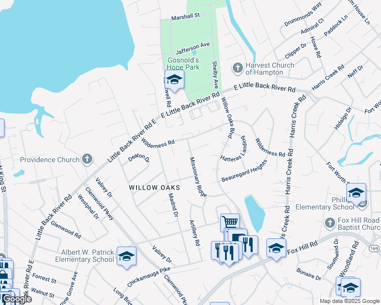 map of restaurants, bars, coffee shops, grocery stores, and more near 100 Five Forks Lane in Hampton