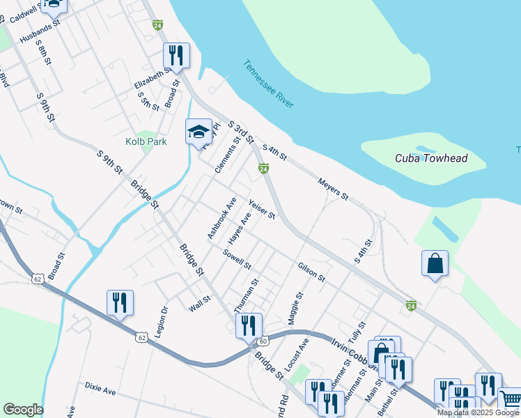 map of restaurants, bars, coffee shops, grocery stores, and more near 2204 Yeiser Street in Paducah