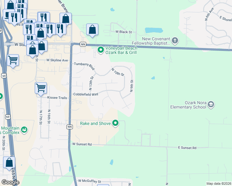 map of restaurants, bars, coffee shops, grocery stores, and more near Cobblefield Way in Ozark