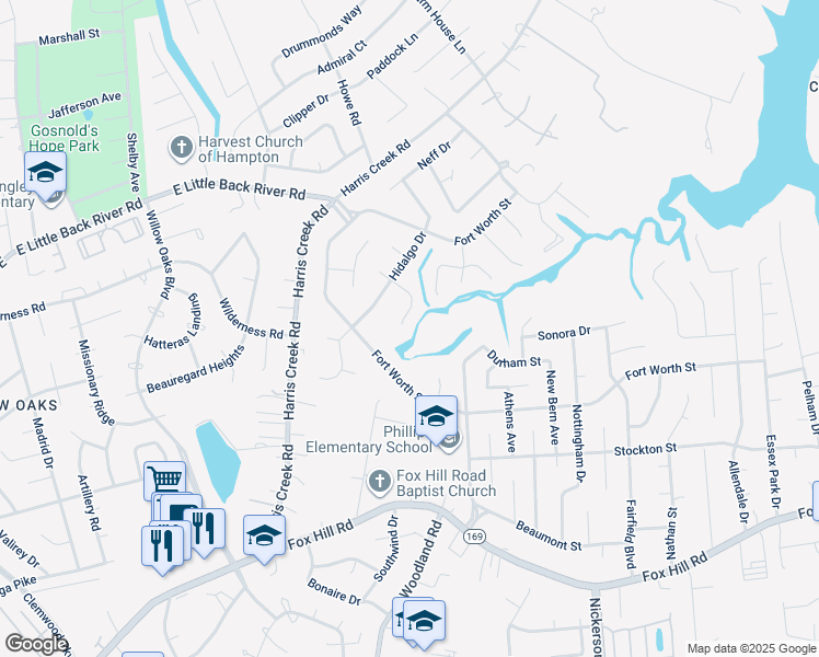 map of restaurants, bars, coffee shops, grocery stores, and more near 117 Alamo Court in Hampton