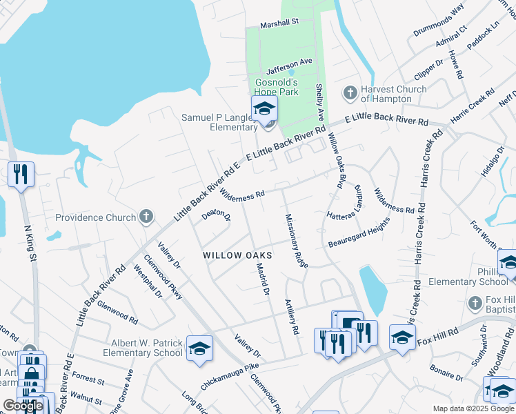 map of restaurants, bars, coffee shops, grocery stores, and more near 6 El Dorado Court in Hampton