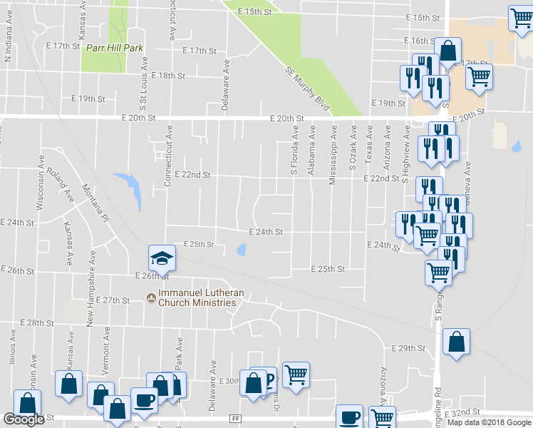 map of restaurants, bars, coffee shops, grocery stores, and more near 2502 Lyndell Place in Joplin