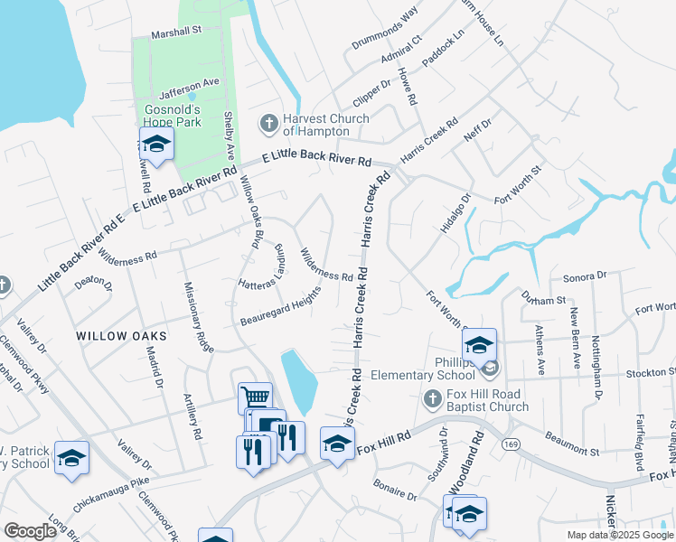 map of restaurants, bars, coffee shops, grocery stores, and more near 10 Wilderness Road in Hampton