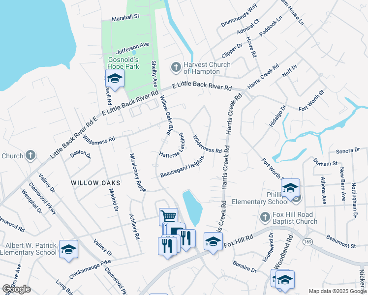 map of restaurants, bars, coffee shops, grocery stores, and more near 18 Hatteras Landing in Hampton