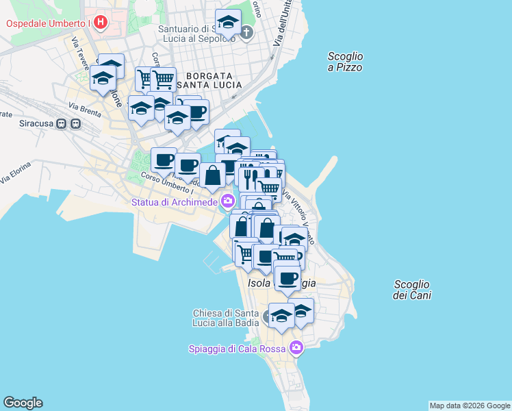 map of restaurants, bars, coffee shops, grocery stores, and more near 3 Via Guglielmo Perno in Siracusa