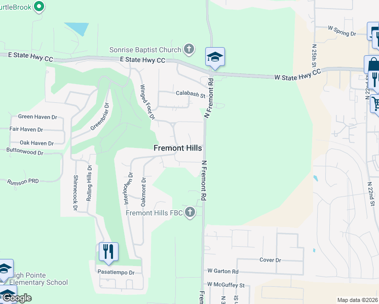map of restaurants, bars, coffee shops, grocery stores, and more near 1910 Fremont Hills Drive in Nixa