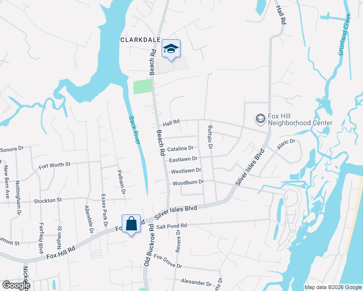 map of restaurants, bars, coffee shops, grocery stores, and more near 18 Bonneville Drive in Hampton