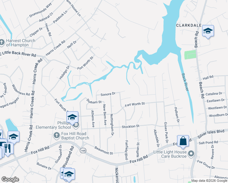 map of restaurants, bars, coffee shops, grocery stores, and more near 439 Sonora Drive in Hampton