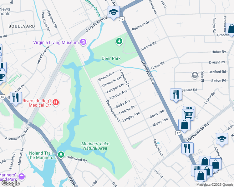 map of restaurants, bars, coffee shops, grocery stores, and more near 17 Winston Avenue in Newport News