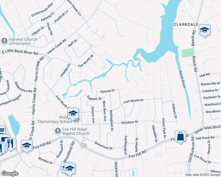 map of restaurants, bars, coffee shops, grocery stores, and more near 439 Sonora Drive in Hampton