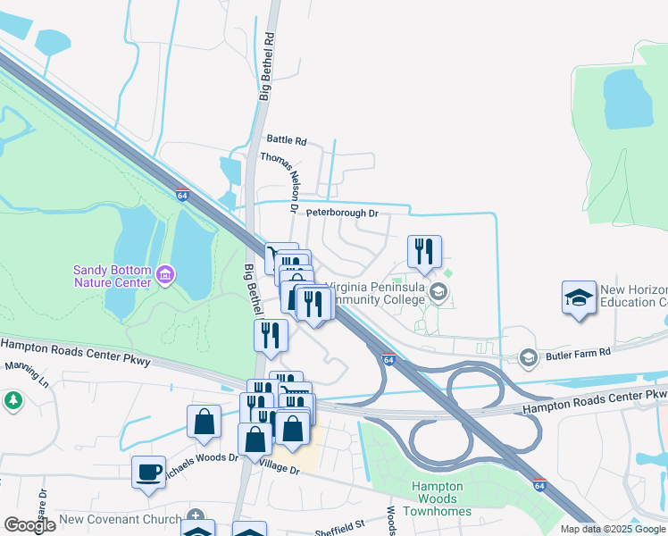 map of restaurants, bars, coffee shops, grocery stores, and more near 29 Rotherham Lane in Hampton