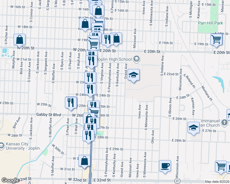 map of restaurants, bars, coffee shops, grocery stores, and more near 2317 S Pennsylvania Ave in Joplin