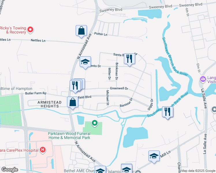 map of restaurants, bars, coffee shops, grocery stores, and more near 101 Greenwell Drive in Hampton