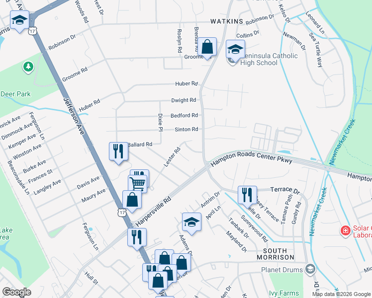 map of restaurants, bars, coffee shops, grocery stores, and more near 113 Cardinal Lane in Newport News
