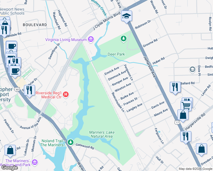 map of restaurants, bars, coffee shops, grocery stores, and more near 75 Beaconsdale Lane in Newport News