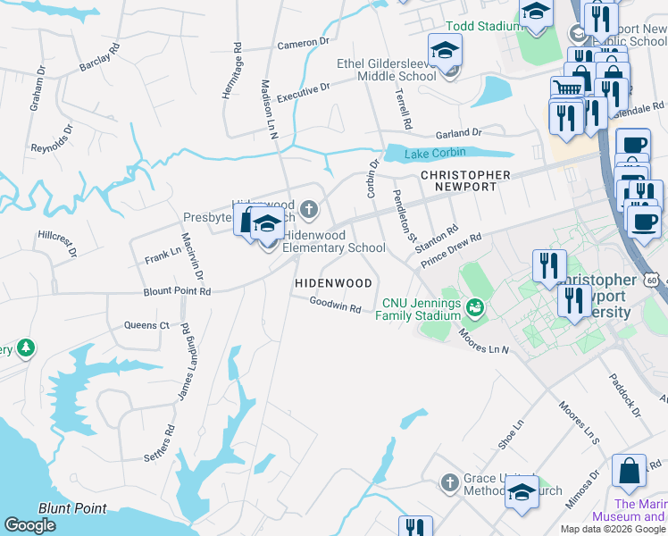 map of restaurants, bars, coffee shops, grocery stores, and more near 7 Conway Road in Newport News