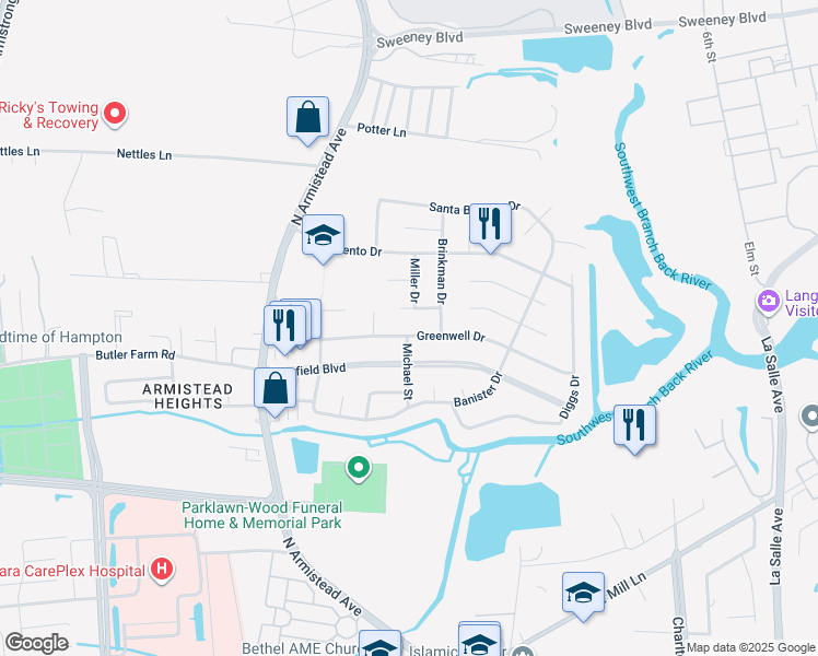 map of restaurants, bars, coffee shops, grocery stores, and more near 101 Greenwell Drive in Hampton