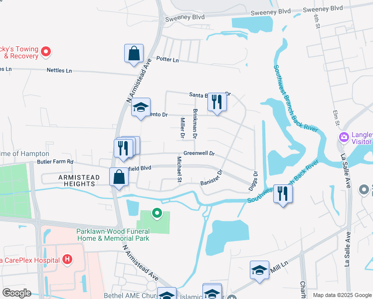 map of restaurants, bars, coffee shops, grocery stores, and more near 105 Greenwell Drive in Hampton