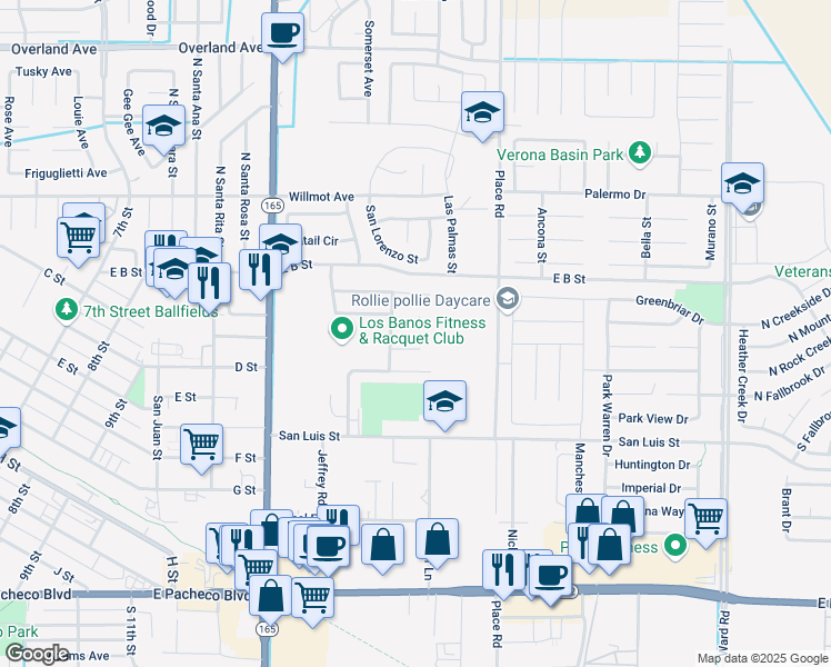 map of restaurants, bars, coffee shops, grocery stores, and more near 1615 Banbury Court in Los Banos