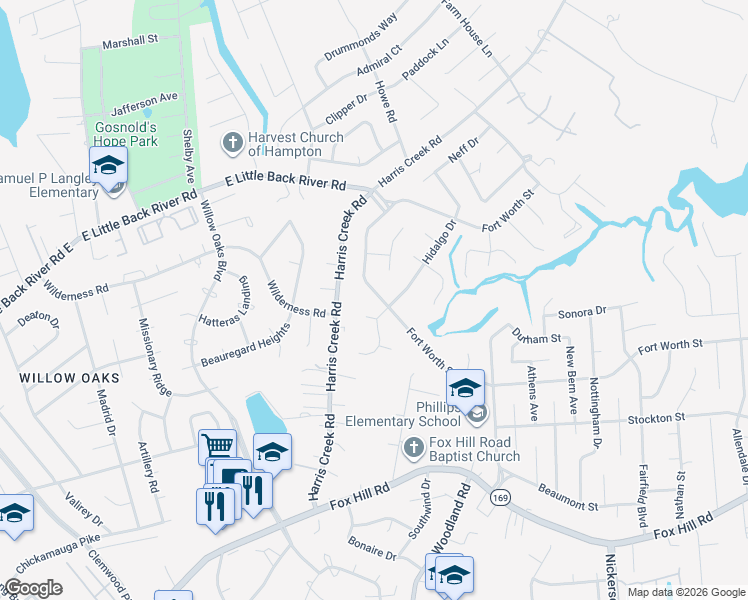 map of restaurants, bars, coffee shops, grocery stores, and more near 134 Fort Worth Street in Hampton