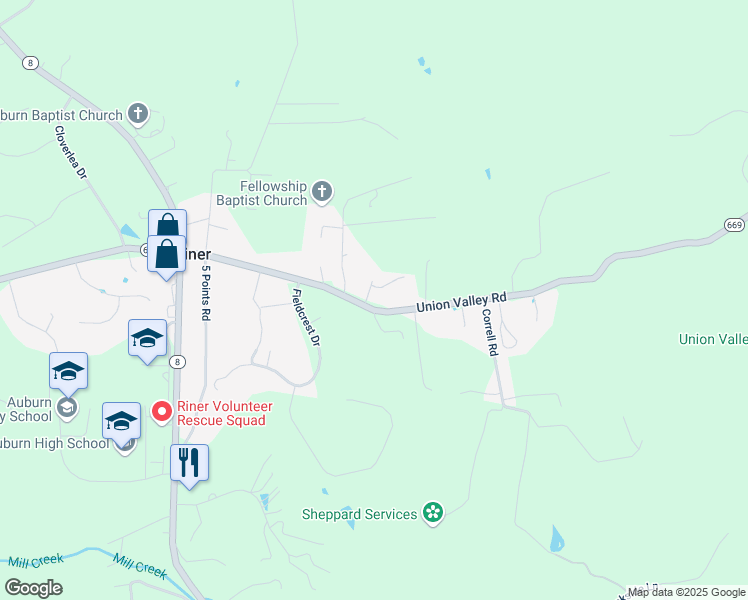 map of restaurants, bars, coffee shops, grocery stores, and more near 1684 Union Valley Road in Riner