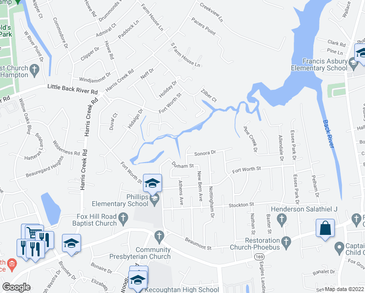 map of restaurants, bars, coffee shops, grocery stores, and more near 919 Laredo Court in Hampton