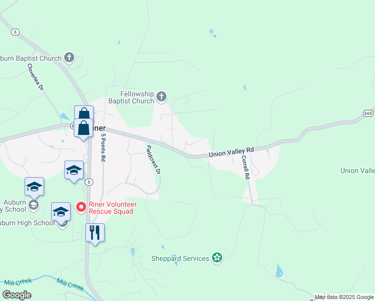 map of restaurants, bars, coffee shops, grocery stores, and more near 1684 Union Valley Road in Riner