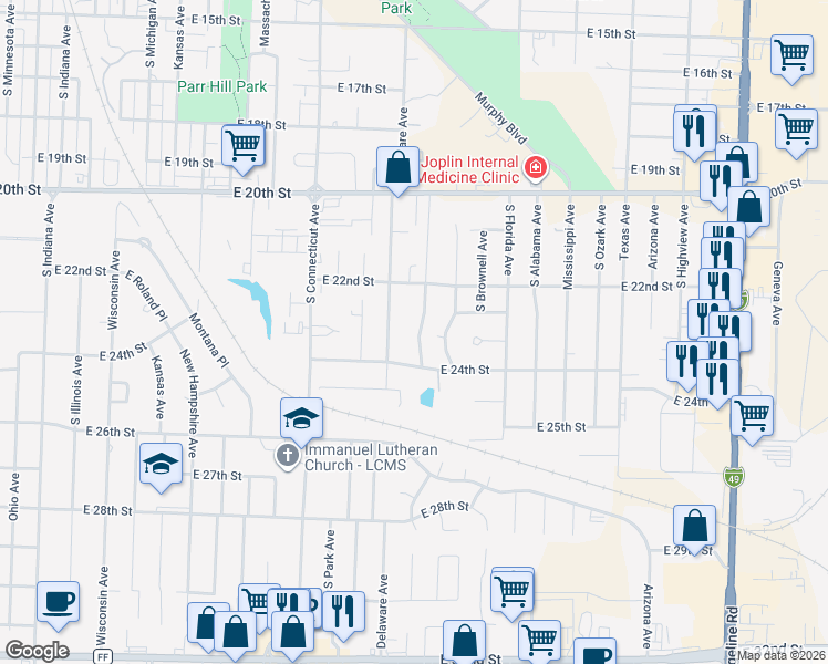 map of restaurants, bars, coffee shops, grocery stores, and more near 2224 Mc Connell Avenue in Joplin