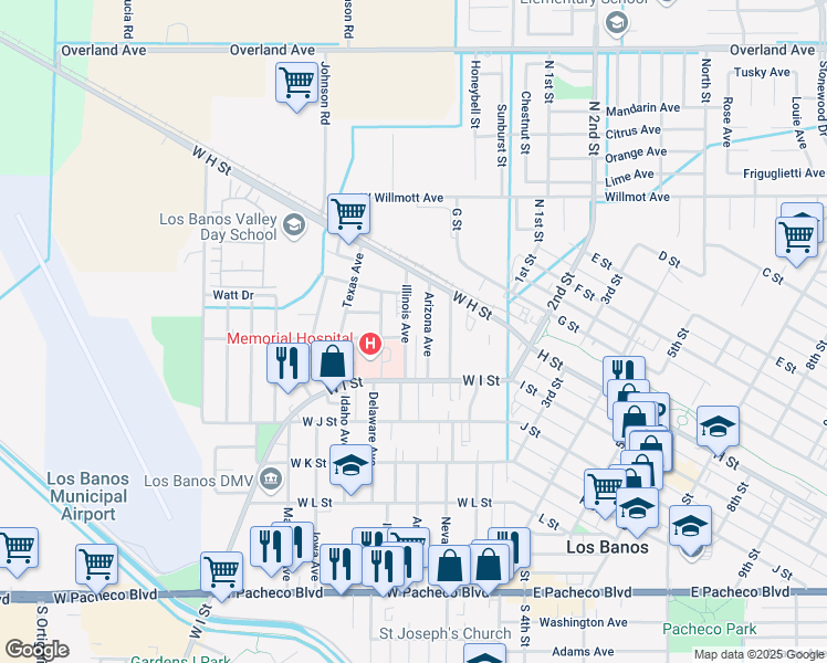 map of restaurants, bars, coffee shops, grocery stores, and more near 746 Illinois Avenue in Los Banos