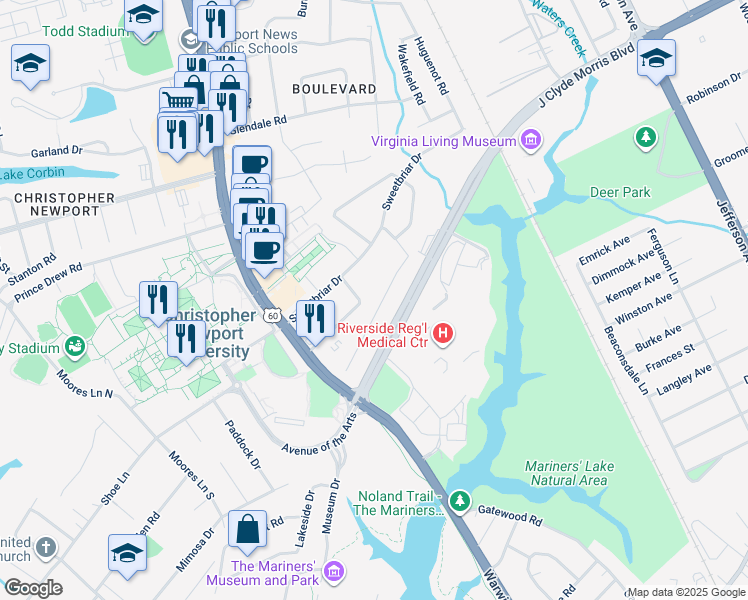 map of restaurants, bars, coffee shops, grocery stores, and more near 45 Peters Ln in Newport News