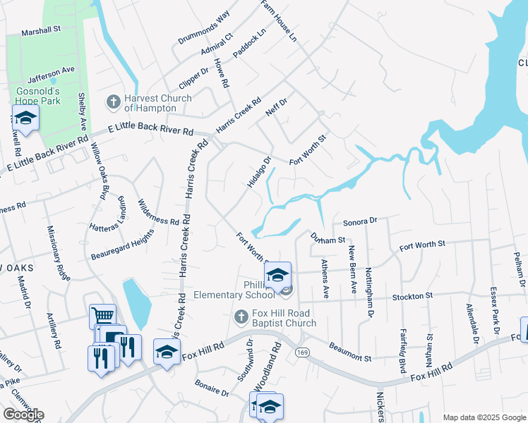 map of restaurants, bars, coffee shops, grocery stores, and more near 113 Alamo Court in Hampton