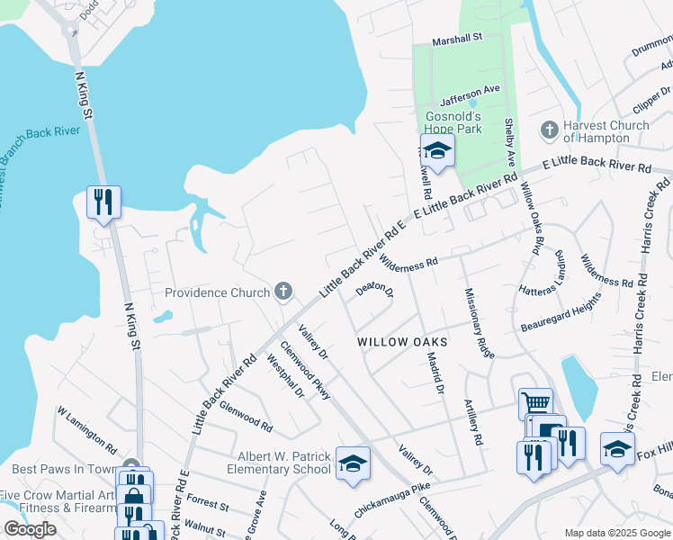 map of restaurants, bars, coffee shops, grocery stores, and more near 13 Veneris Court in Hampton
