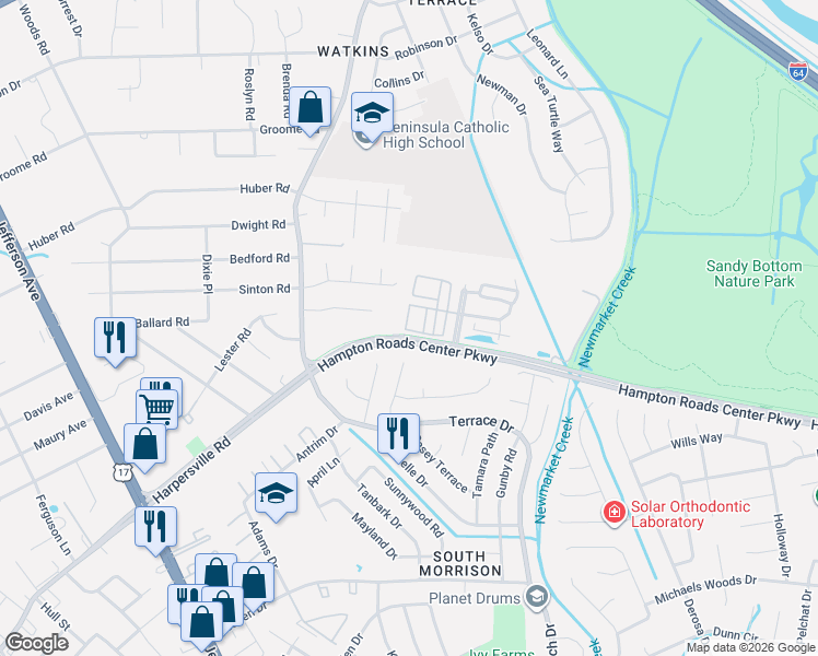 map of restaurants, bars, coffee shops, grocery stores, and more near 47 Transit Lane in Newport News