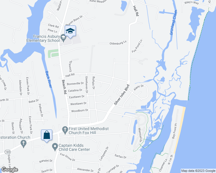 map of restaurants, bars, coffee shops, grocery stores, and more near 121 Eastlawn Drive in Hampton