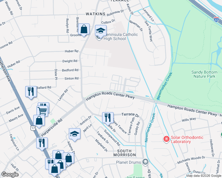 map of restaurants, bars, coffee shops, grocery stores, and more near 47 Transit Lane in Newport News