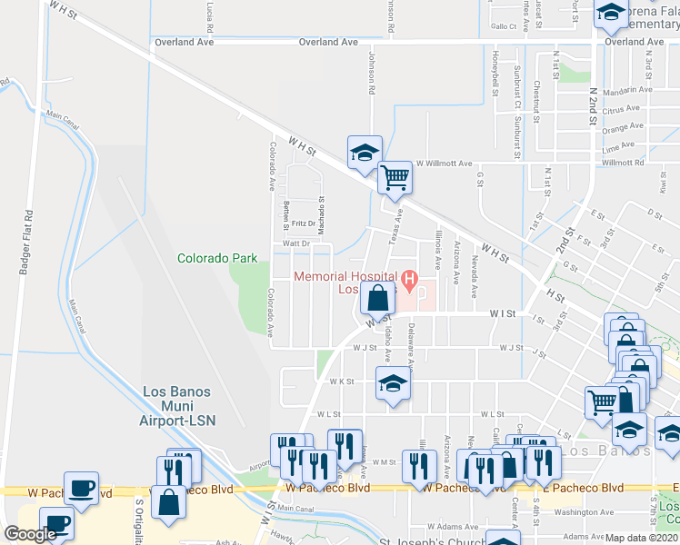 map of restaurants, bars, coffee shops, grocery stores, and more near 748 Pine Street in Los Banos