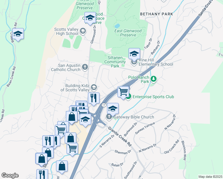 map of restaurants, bars, coffee shops, grocery stores, and more near 164 Zinfandel Circle in Scotts Valley