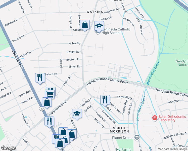 map of restaurants, bars, coffee shops, grocery stores, and more near 522 Harpersville Road in Newport News