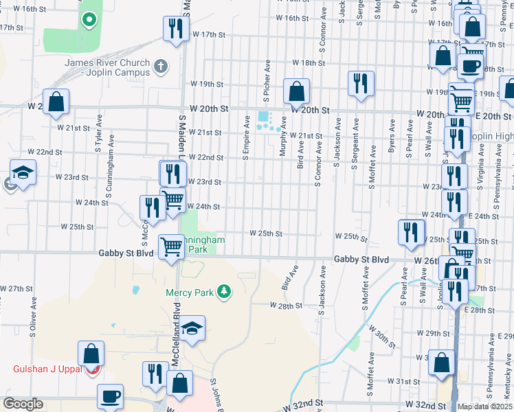 map of restaurants, bars, coffee shops, grocery stores, and more near 1209 W 24th St in Joplin