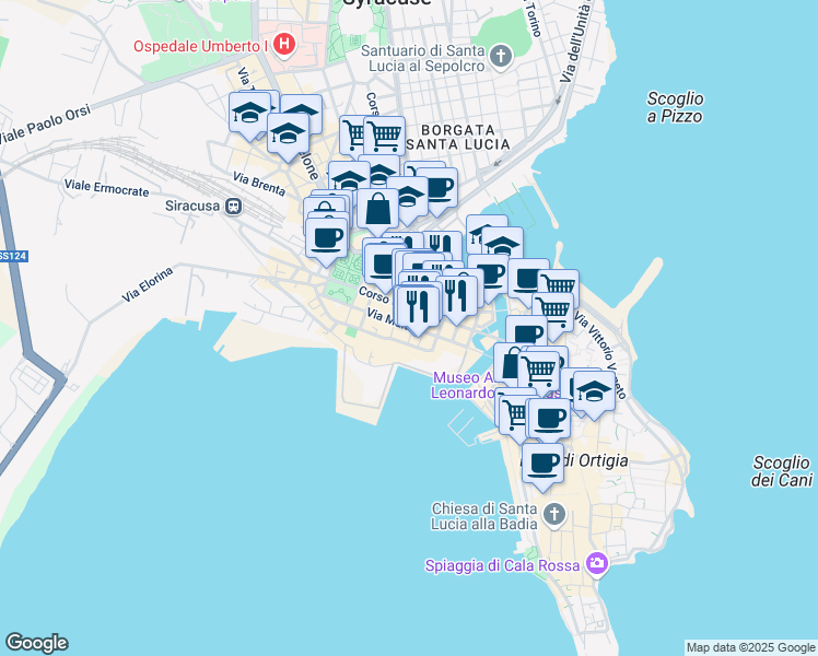 map of restaurants, bars, coffee shops, grocery stores, and more near 42 Via Malta in Siracusa