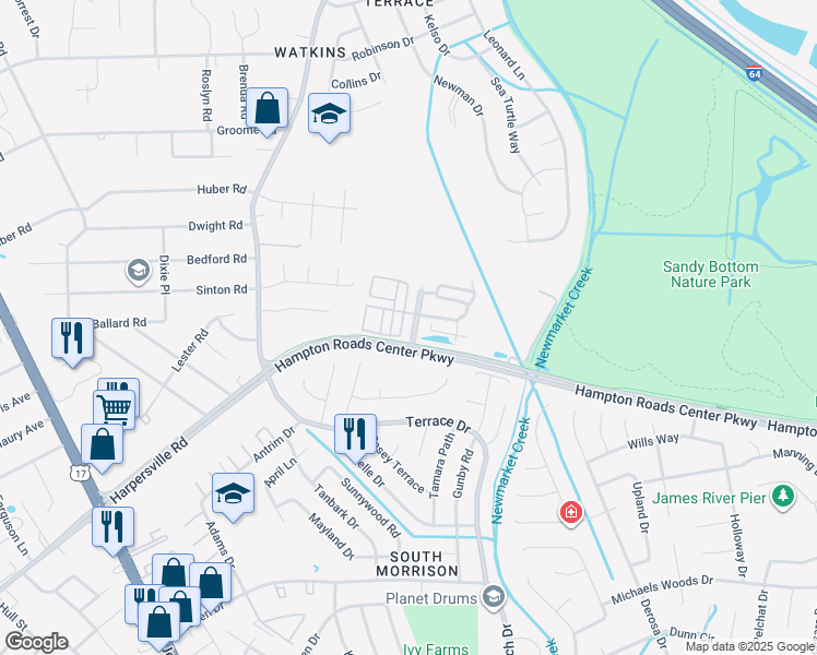 map of restaurants, bars, coffee shops, grocery stores, and more near 74 Meridian Parkway in Newport News